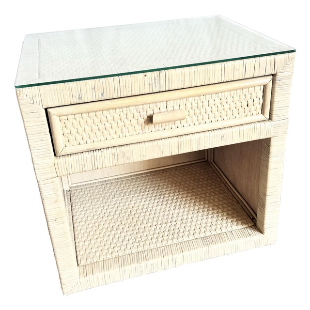 Boho Chick Wrapped Wicker Glass Top Nightstand For Sale