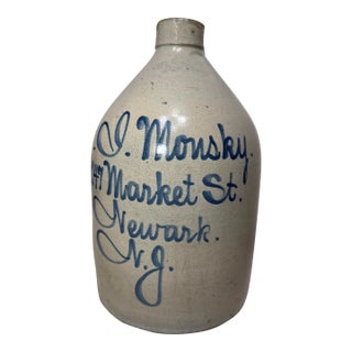 Antique 1800's J. Monsky Newark Nj Stoneware Salt Glazed Cobalt Pottery 2 Jug For Sale