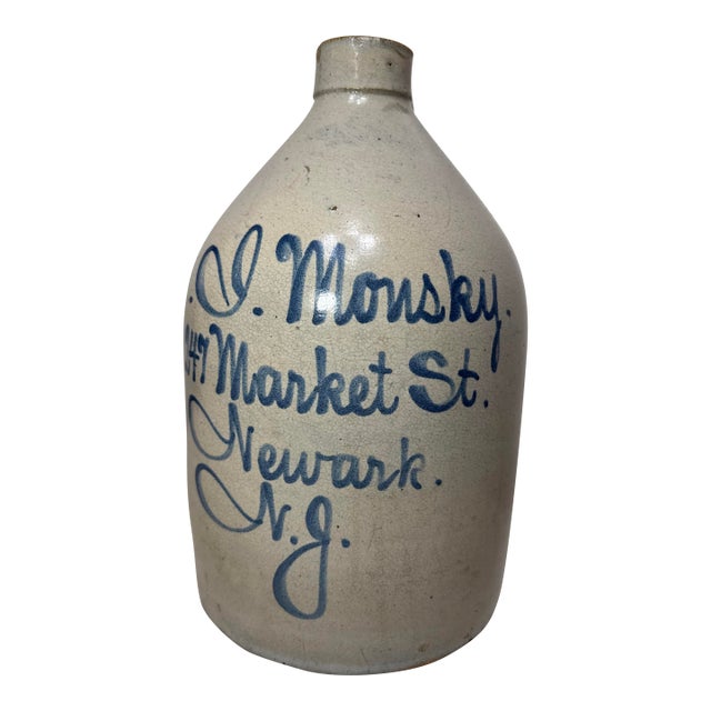 Antique 1800's J. Monsky Newark Nj Stoneware Salt Glazed Cobalt Pottery 2 Jug For Sale