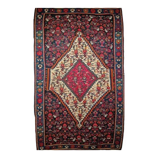 Vintage Senneh Kilim Rug, Handwoven Wool & Cotton, Medallion Pattern, Navy & Ivory, 4x6 For Sale