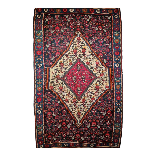 Vintage Senneh Kilim Rug, Handwoven Wool & Cotton, Medallion Pattern, Navy & Ivory, 4x6 For Sale