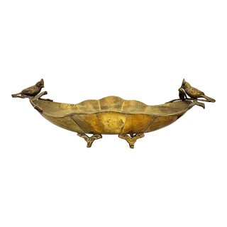 Footed Scalloped Brass Center Bowl With Bird Handles For Sale