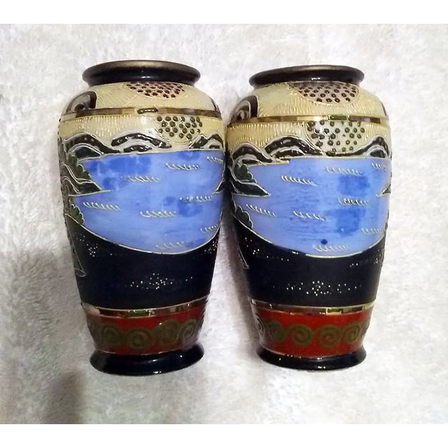Vintage Mid-Century Japanese Satsuma Moriage Porcelain Vases - A Pair For Sale - Image 4 of 8