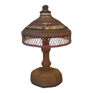 1960s Brown and Pink Wicker Lamp For Sale