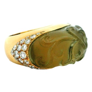 French 18k Gold Carved Jade and Diamond Sculptural Ring, Circa 1970, Size 6.5 For Sale