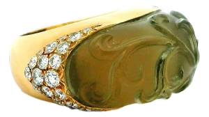 French 18k Gold Carved Jade and Diamond Sculptural Ring, Circa 1970, Size 6.5
