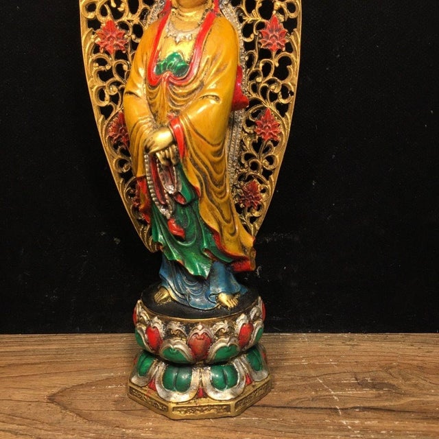 Late 19th Century Polychrome Bronze Guanyin Statue With Aureole, 940g For Sale In Los Angeles - Image 6 of 9
