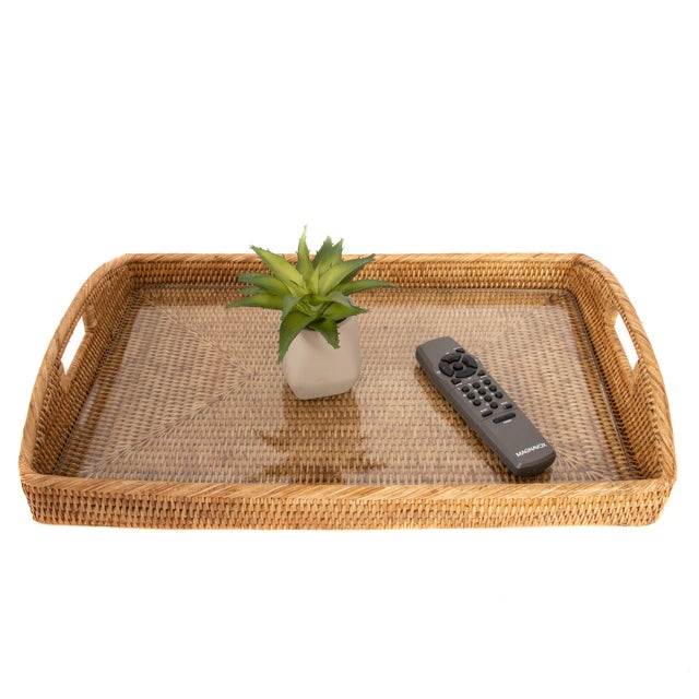 Boho Chic Artifacts Rattan Rectangular Tray with Glass Insert in Honey Brown - 21" For Sale - Image 3 of 6