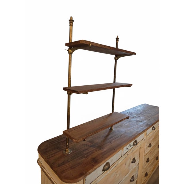 French French Multi-Drawer Shop Counter in Pine With Wood Shelves and Brass Brackets For Sale - Image 3 of 9