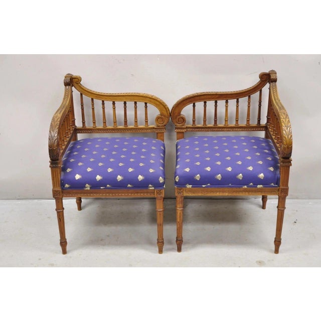 Antique French Louis XVI Style Carved Walnut Lyre Harp Corner Lounge Chair Pair For Sale - Image 4 of 12
