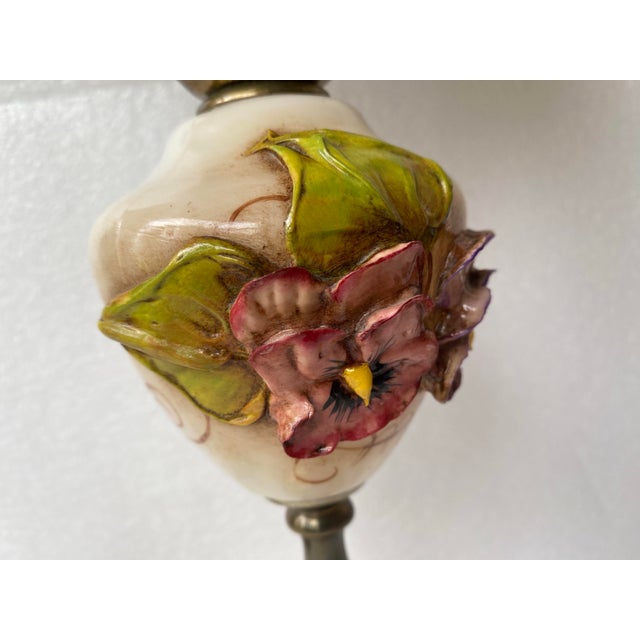 Vintage Victorian Hurricane Opaque 3d Table Lamp - "Gone With the Wind" Featuring Raised, Hand-Painted Floral Motifs on Milk Glass a Marble Base For Sale - Image 10 of 10