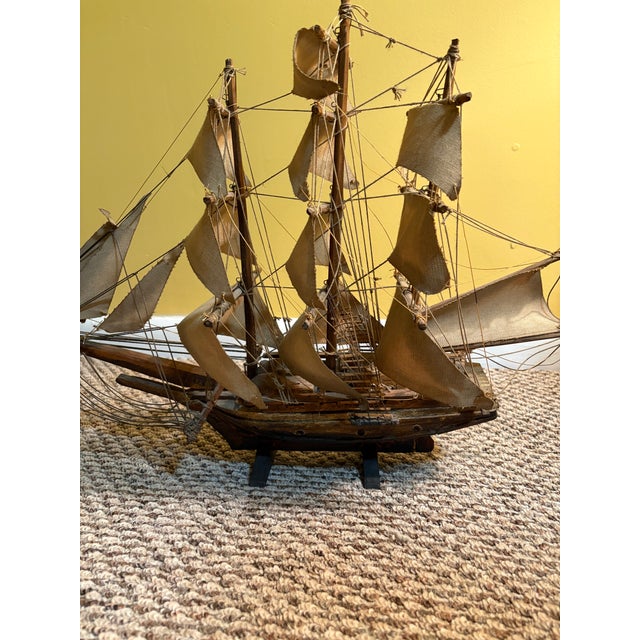 Wood Vintage Handcrafted 3 Masted Wooden Ship Model With Fabric Sails For Sale - Image 7 of 7