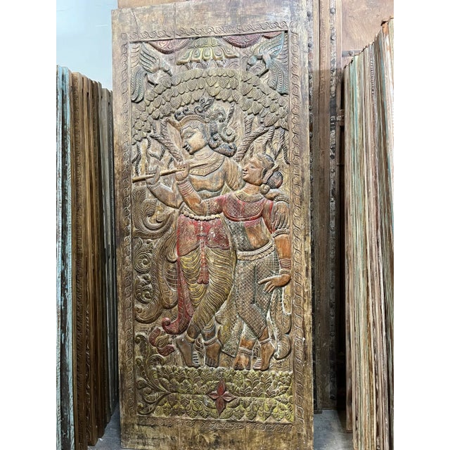 Rustic Vintage Radha Krishna Carved Wall Panel – Colorful Indian Art Barn Door Décor 96x40 For Sale - Image 3 of 10
