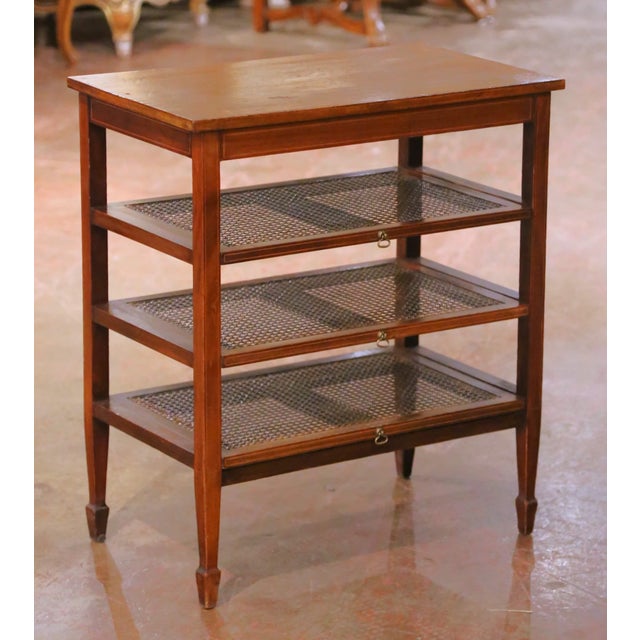 19th Century English Mahogany Inlaid Sliding Trays Side Table With Cane Shelves For Sale In Dallas - Image 6 of 11