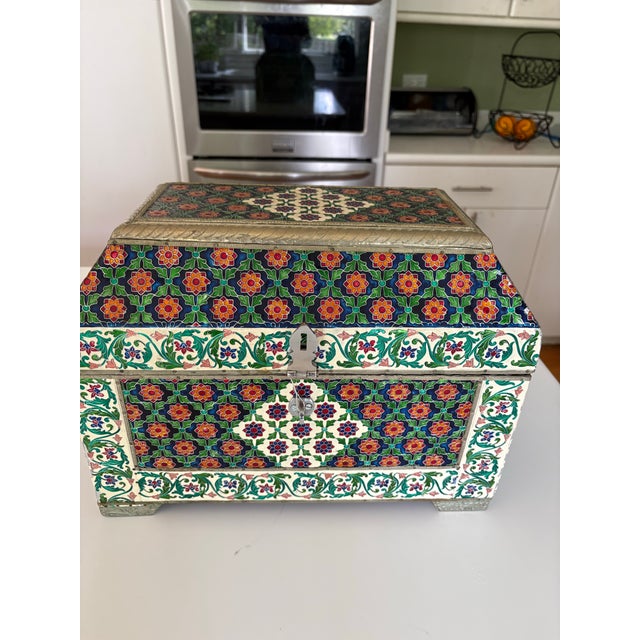 1980s Rare Enamel on Metal Handcrafted Decor Box ( Hinged) Enamel All-Over Silver Trim Wood Interior For Sale - Image 5 of 7