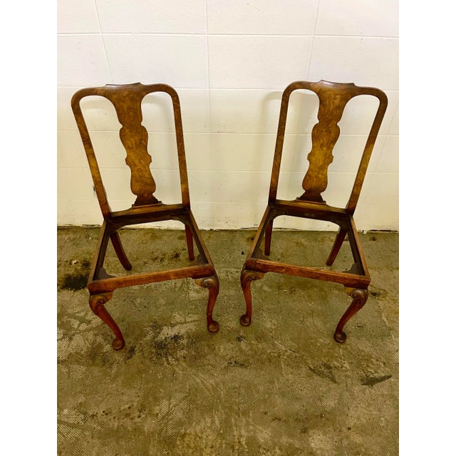 Beautiful burled wood Queen Anne side chairs covered in neutral linen with a natural motif of florals and birds. The burl...