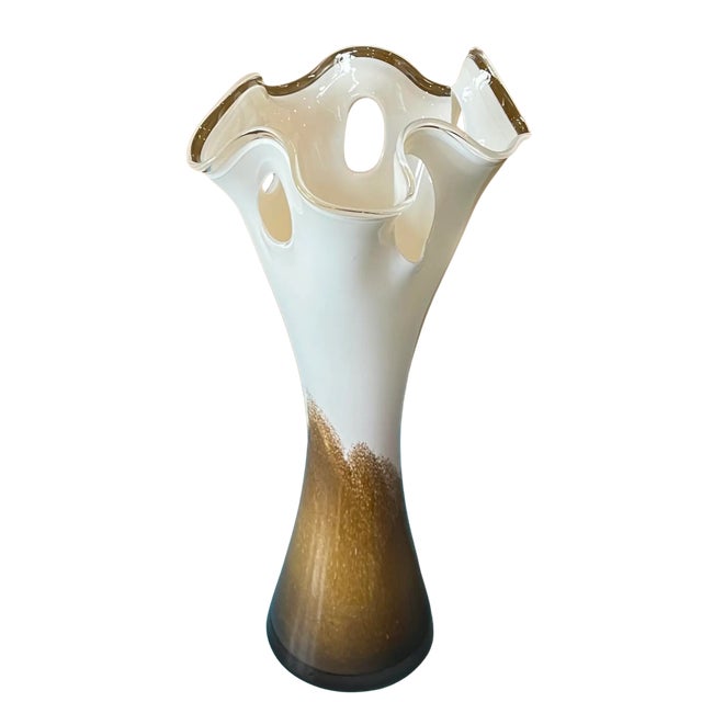 Art Glass Brown White Looped Rim Vase For Sale - Image 12 of 18