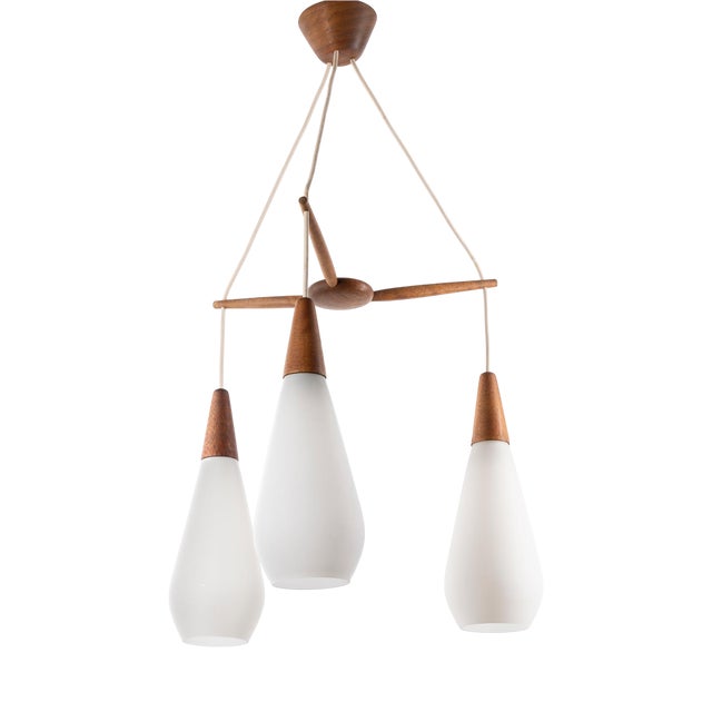 Scandinavian Pendant Lamp in Teak and 3 Matt White, Drop-Shaped Glass Shades, 1960s For Sale