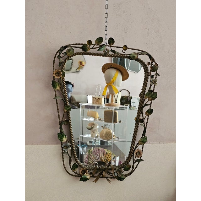 Italian Hand-Painted Floral Wrought Iron Mirror with Ribbon Motif, 1950s For Sale - Image 9 of 10