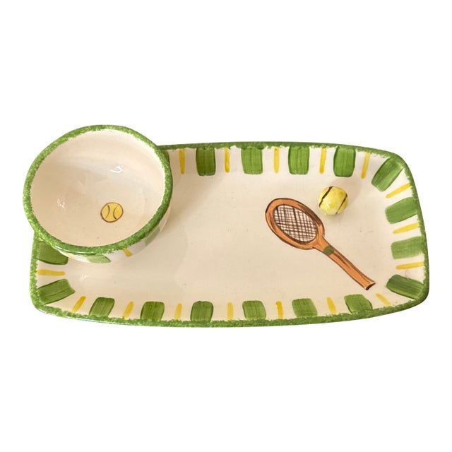 Vintage Wimbledon Style Chip and Dip Hand Painted Tennis Tray For Sale