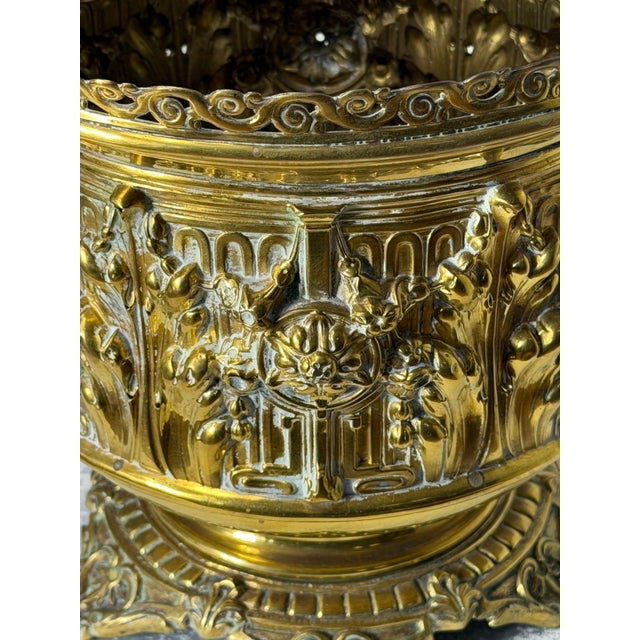 Antique 1800s French Brass Cachepot Planter With Repousse' Work 10" Diameter For Sale - Image 4 of 10