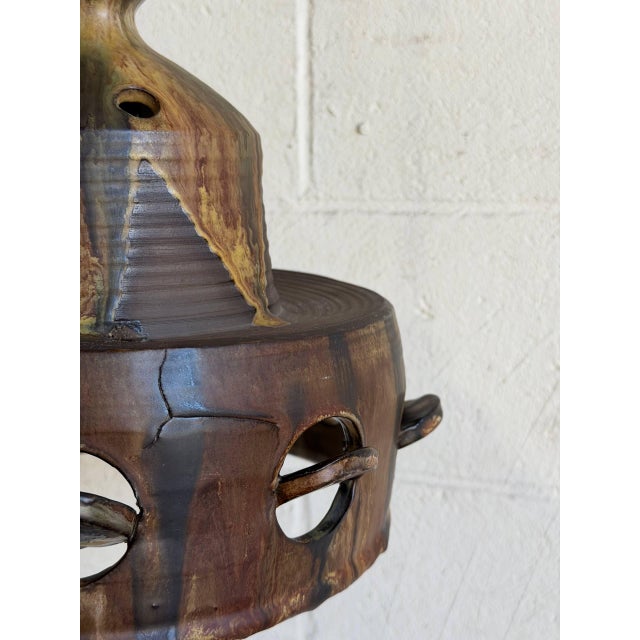 Vintage Mid-Century Modern Pendant Ceiling Lamp Brown Pottery Ceramic For Sale - Image 9 of 12