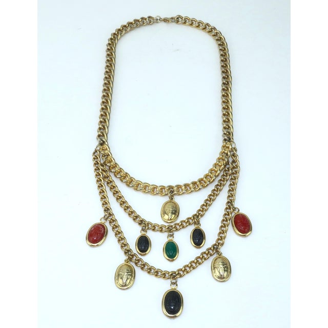 Mid-Century Modern Vintage Scarab Bib Chain Link Egyptian Style Necklace, c.1980 For Sale - Image 3 of 11