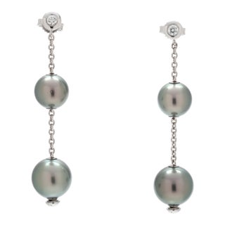 Mikimoto Black South Sea Pearls & Diamond Dangle Earrings, 18k White Gold, 2 In., A Pair For Sale