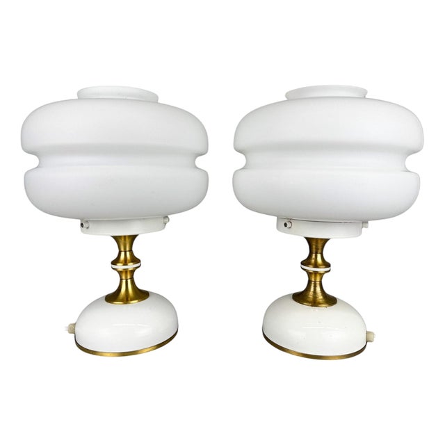 Milk Glass & Brass Table Lamps attributed to Napako, Czechoslovakia, 1970s, Set of 2 For Sale