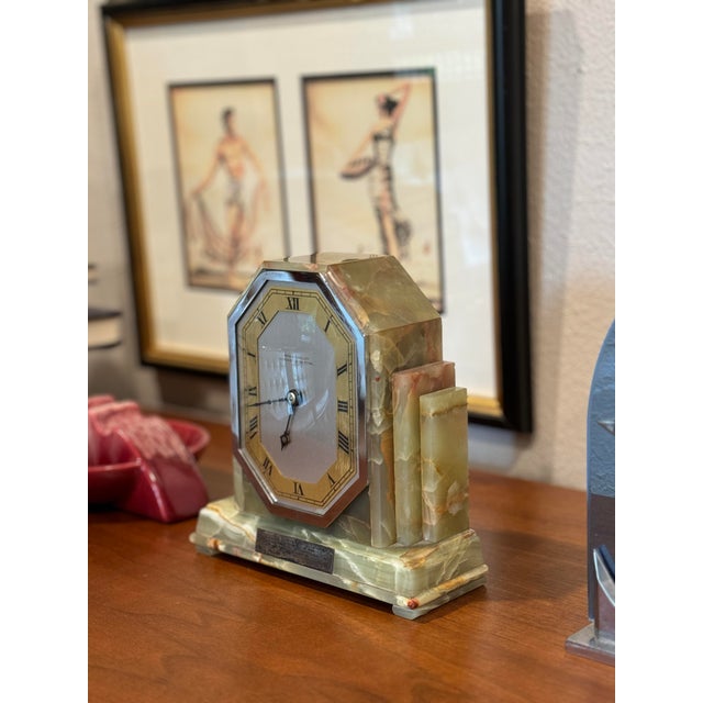 Green Art Deco Antique Marble Onyx Mantle Clock by Reid & Sons, Circa 1930s For Sale - Image 8 of 10