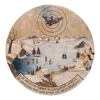 Vintage Round Folk Art Hand Painted Winter Landscape, Germany, 1950 For Sale
