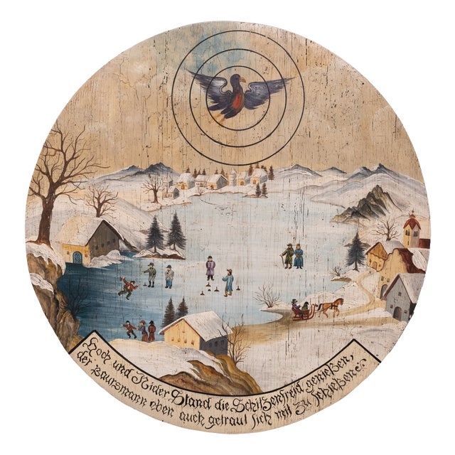 Vintage Round Folk Art Hand Painted Winter Landscape, Germany, 1950 For Sale