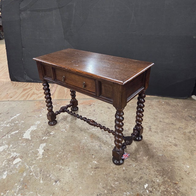 Late 19th Century English Oak Barley Twist Leg & Stretcher Side Table With Drawer For Sale - Image 9 of 18