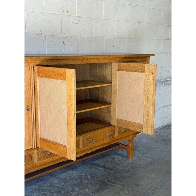 Mid-Century Modern In Style of Henning Kjærnulf Oak Sideboard Credenza With Carved Doors and Four Drawers Danish Mid-Century Modern 1970s For Sale - Image 3 of 12