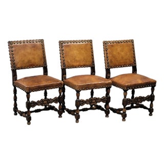 Antique Spanish or Renaissance Revival Oak and Leather Side Chairs - Set of 3 For Sale