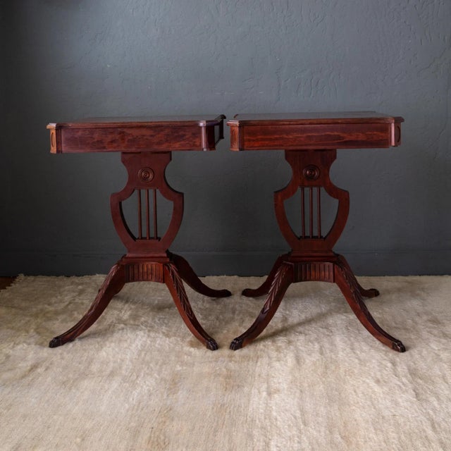 Mid 20th Century Set of Mersman Harp and Lyre Mahogany SideTables With Brass Feet and Drawers For Sale - Image 5 of 17