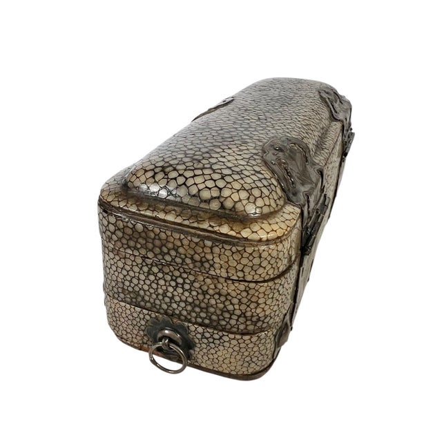 French Shagreen Pen Box With Engraved Silver Mounts and Hidden Drawer For Sale - Image 3 of 10