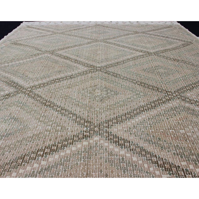 Tan Green, Salmon Vintage Turkish Embroidered Rug With Geometric Diamond Design For Sale In Atlanta - Image 6 of 13