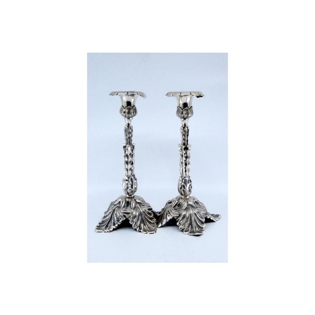 Silver Candlesticks Embossed with Acanthus Leaves and Resting on Three Feet, Set of 2 For Sale - Image 3 of 11
