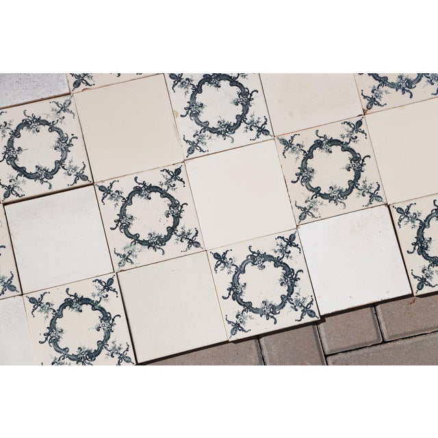 Ceramic 1920s Portuguese Antique Large Art Deco Floral & Plain White Tiles Set of 60 For Sale - Image 7 of 14