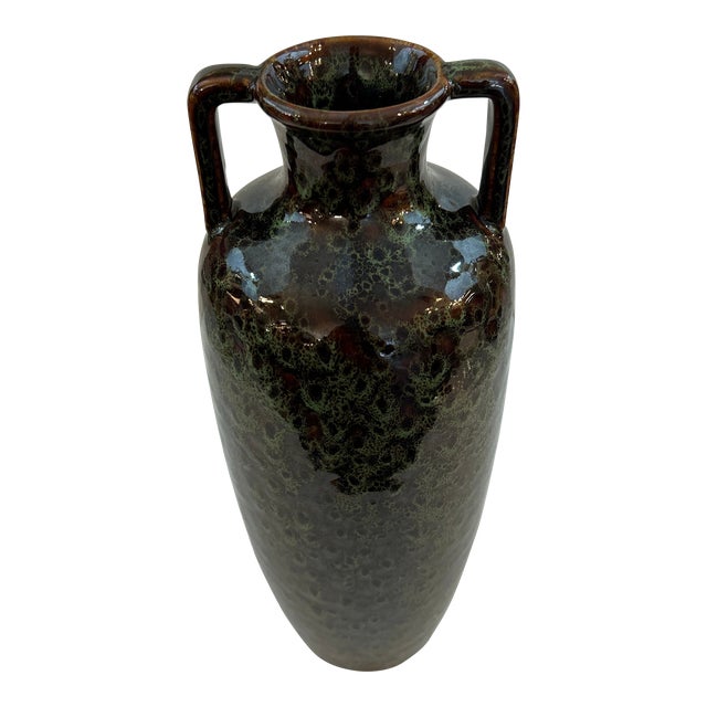 Mid Century Brown and Green Speckled Ceramic Urn/ Vase For Sale