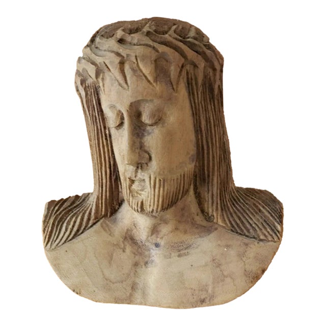 Vintage Wooden Hand Carved Jesus Face Sculpture For Sale