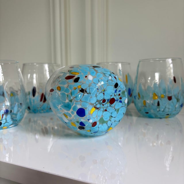 Blue Mirage Multi White Crystal Handmade Italian Murano Drinking Glasses - Set of 6 For Sale In Chicago - Image 6 of 7