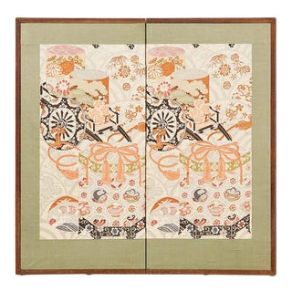 Japanese Showa Two Panel Screen Embroidered Silk Gilt Boxes For Sale