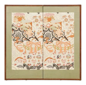 Japanese Showa Two Panel Screen Embroidered Silk Gilt Boxes