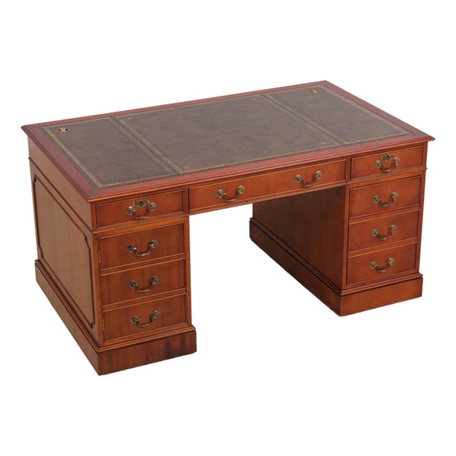 Reprodux Bevan Funnel Leather Top Yew Wood Desk For Sale