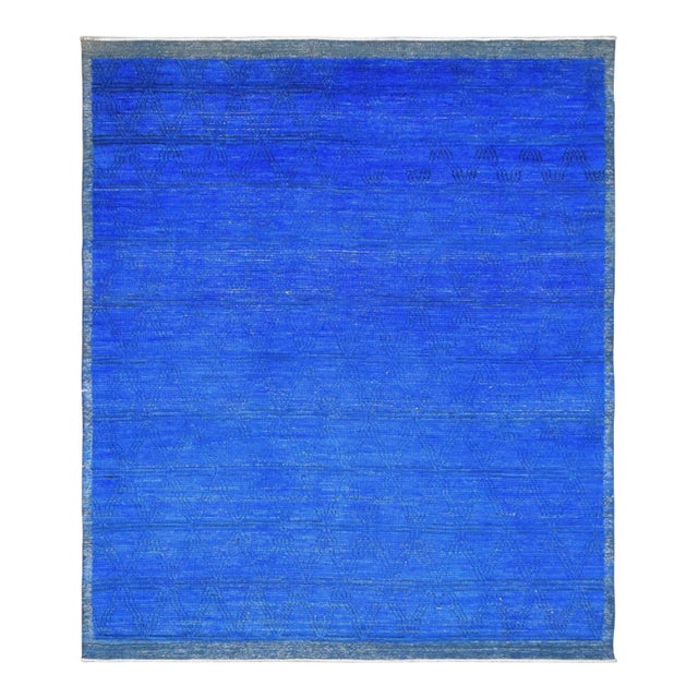 Blue Hand Knotted Modern Wool Rug For Sale