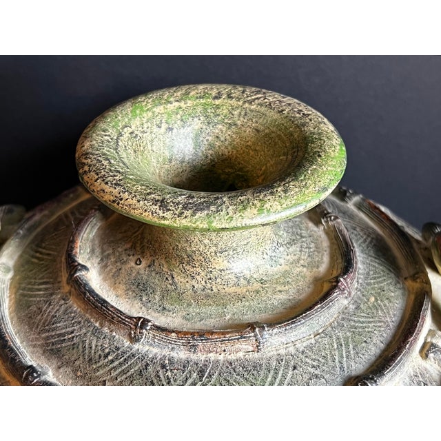 Vintage Pier 1 Weathered Green Earthenware Vase With Tropical Leaf Relief For Sale In Washington DC - Image 6 of 10