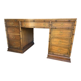 Vintage Mid Century Modern Hollywood Regency Faux Bamboo Campaign Executive Desk by Sligh Furniture For Sale