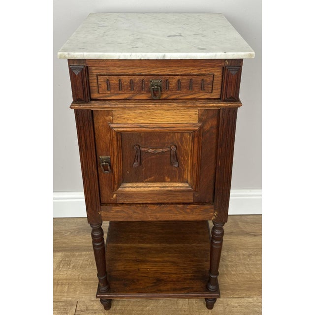 French Bedside Table in Oak with Marble Top For Sale - Image 17 of 17